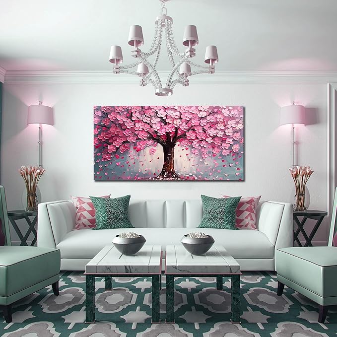 Pink Wall Art Large Tree of Life Wall Art for Living Room Bedroom Office Bathroom Modern Framed Canvas Prints Pink and Grey Picture Size 24x48