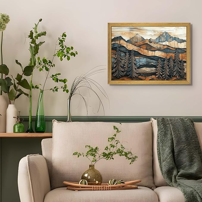 Vintage Boho Mountain Wall Art, Framed Landscape Canvas Wall Art, Nature Forest Wall Decor, Rustic Farmhouse Print Poster Painting for Living Room Bedroom Dining Room 12x16 Inch