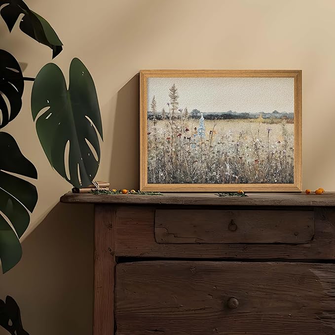 Vintage Landscape Wall Art, 3D Textured Nature Rustic Farmhouse Wall Decor Painting, Hand Drawn Sandstone Country Wildflowers Artwork Picture for Living Room Bedroom 12x16 Inch Framed