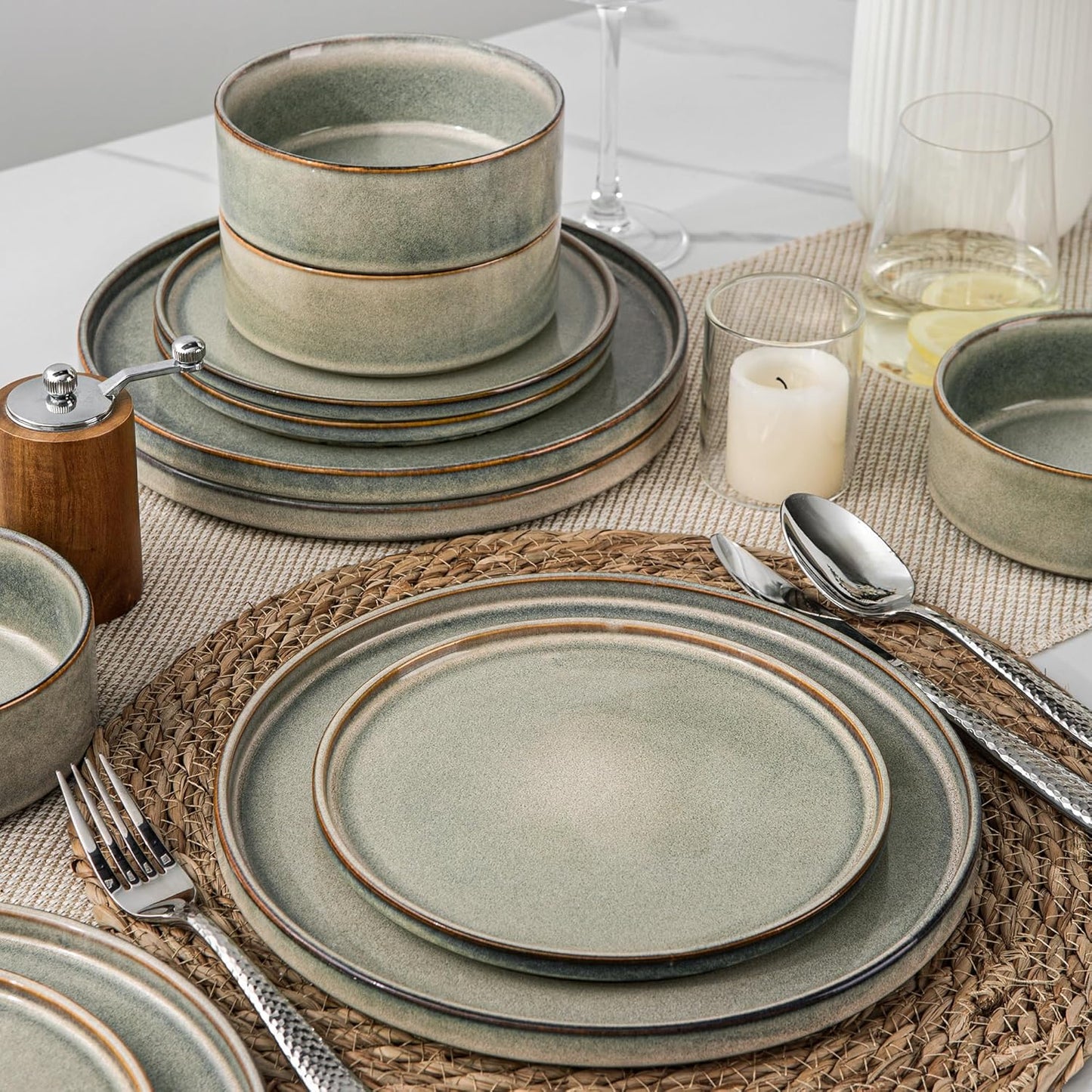 AmorArc Ceramic Dinnerware Sets, Handmade Reactive Glaze Stoneware Plates and Bowls Sets,Highly Chip and Crack Resistant | Dishwasher & Microwave Safe Dishes Set, Service for 6 (18pc)