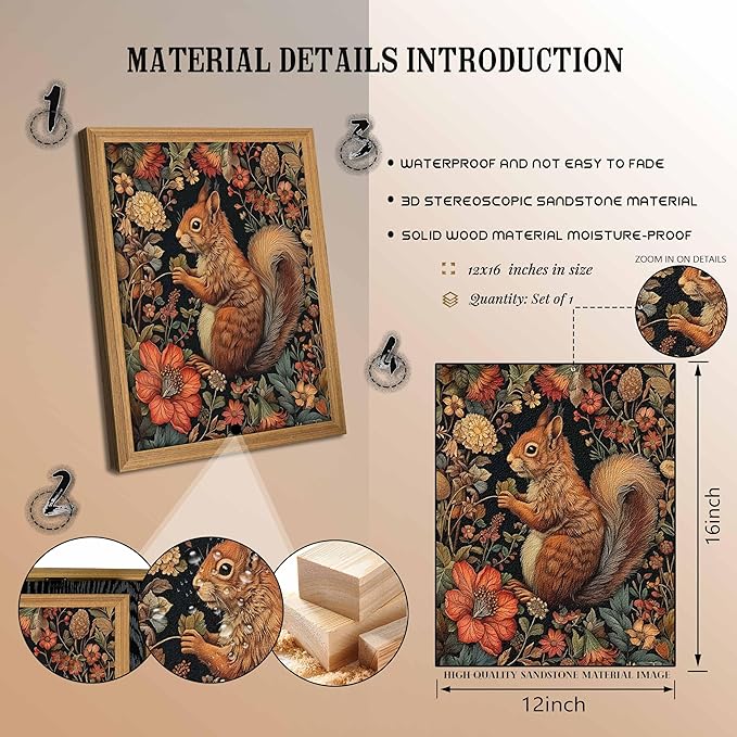 Framed Vintage Squirrel Wall Art, 3D Textured Squirrel Among Flowers Painting Art, Hand Drawn Sandstone Botanical Floral Pictures, Modern Farmhouse Wall Decor for Living Room Bedroom 12x16 inch