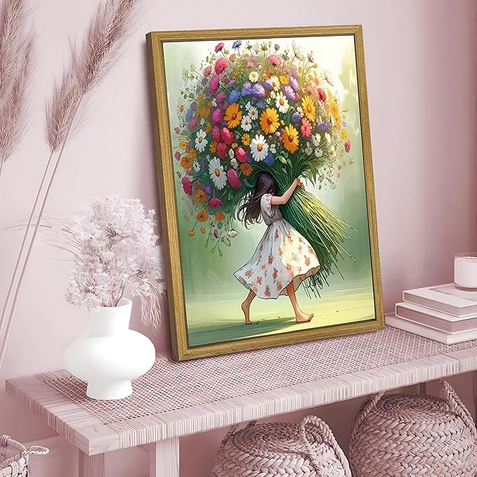 Wood Framed Pink Wildflower Canvas Wall Art, Girl Hugging Flowers Poster Prints Paintings, Teen Girls Preppy Bedroom Decor, Green Room laesthetic Picture for Kids Room Hallway Living Room 16x24 Inch