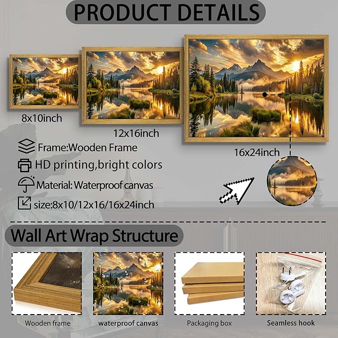 Framed Canvas Wall Art 12x16 Inch, Vintage Landscape Wall Art Decor, Countryside Farmhouse Sunset Landscape Wall Decor, Retro Mountain Vintage Painting Prints for Living Room Bedroom Home Bathroom Decor