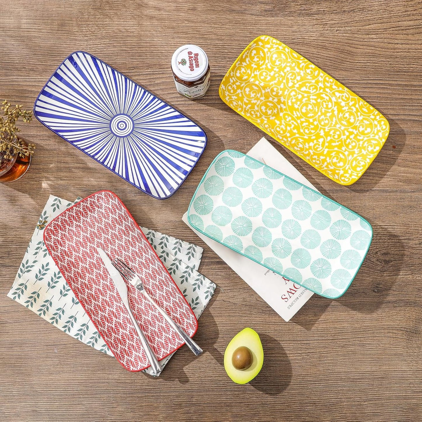 Selamica Ceramic Serving Platters, 14 Inch Serving Trays for Party Entertaining, Large Rectangular Serving Plates for Appetizer, Charcuterie, Dessert, Fruit, Set of 4, Assorted Colors