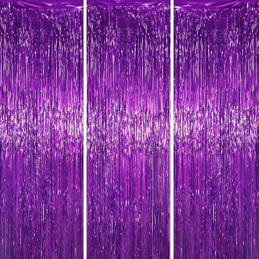 3.3 x 6.6 ft Foil Fringe Backdrop Curtains, Tinsel Streamers Party Decorations, Fringe Backdrop for Birthday, Baby Shower, Gender Reveal, Graduation (3, Purple)