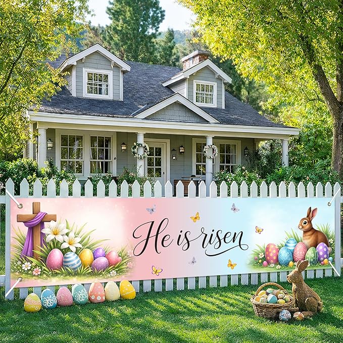 He Is Risen Easter Banner Christian Spring Decor 78 x 17 Inch Religious Easter Banner with Cross Eggs Bunny Scene for Church Yard Fence Door Wall Indoor Outdoor Display