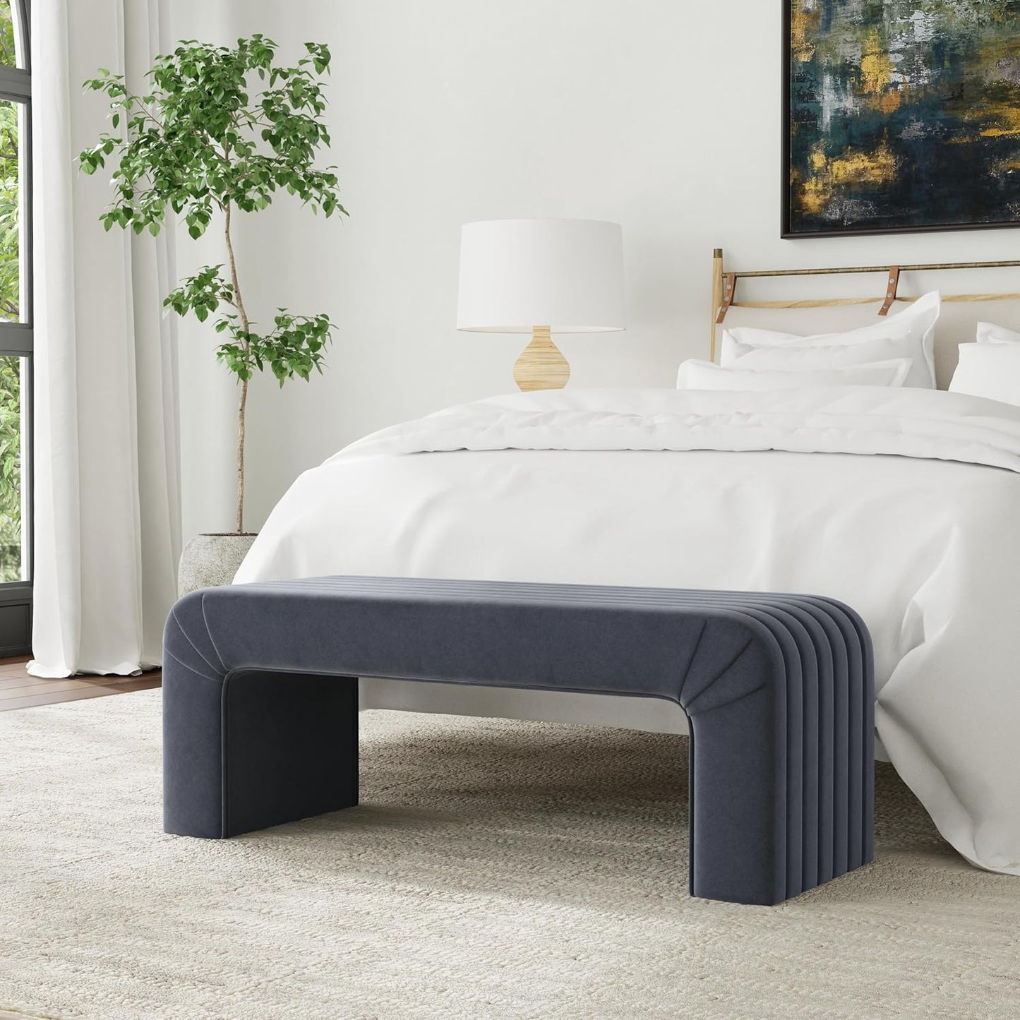 Modern Arch Channel Bedroom Bench Ottoman, 48" Entryway Bench and Shoe Rack, Soft Cushion Bench for Bedroom End of Bed, Ottoman Bench for Living Room, Bedroom, Entryway (Beach Blue Velvet)