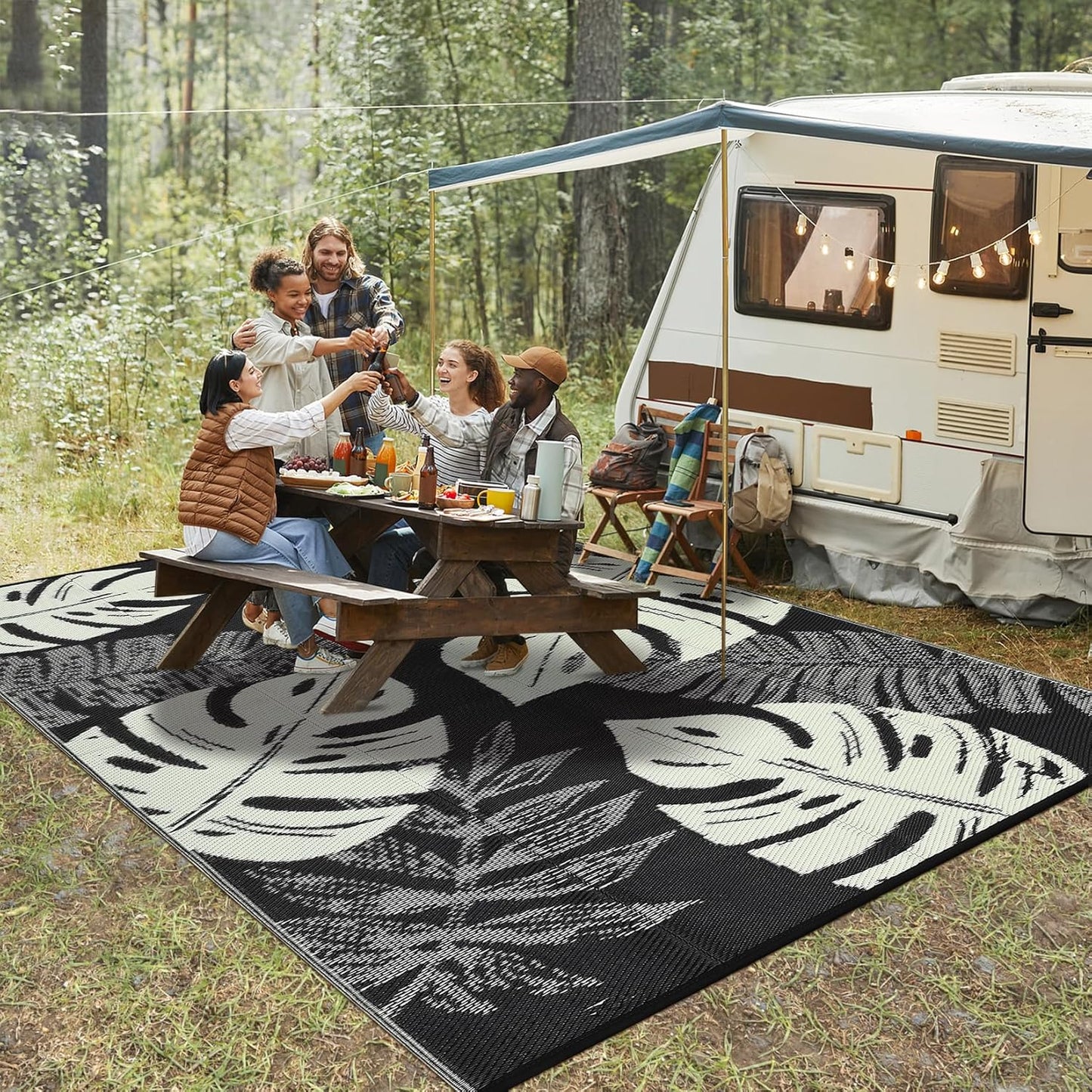 GAOMON Waterproof Plastic Straw Rug 9x12 Outdoor Rug for Patio, Reversible Modern Camping Mat with Bag & Stakes, UV Resistant & Easy to Clean Outdoor Carpet for RV, Deck, Balcony, Beige
