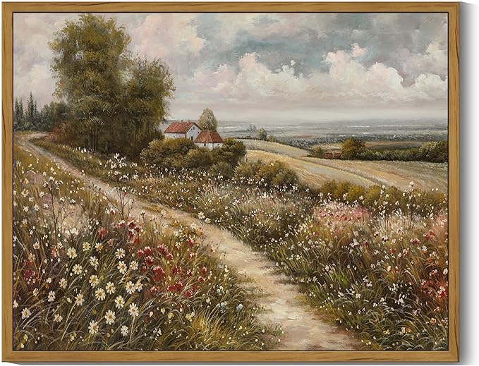 SHENIFY Vintage Landscape Framed Wall Art Rustic Countryside Wildflower Field Farmhouse Decor Retro Meadow with Flowers Painting for Kitchen Living Room Bedroom Bathroom - 11x14in Natural Framed