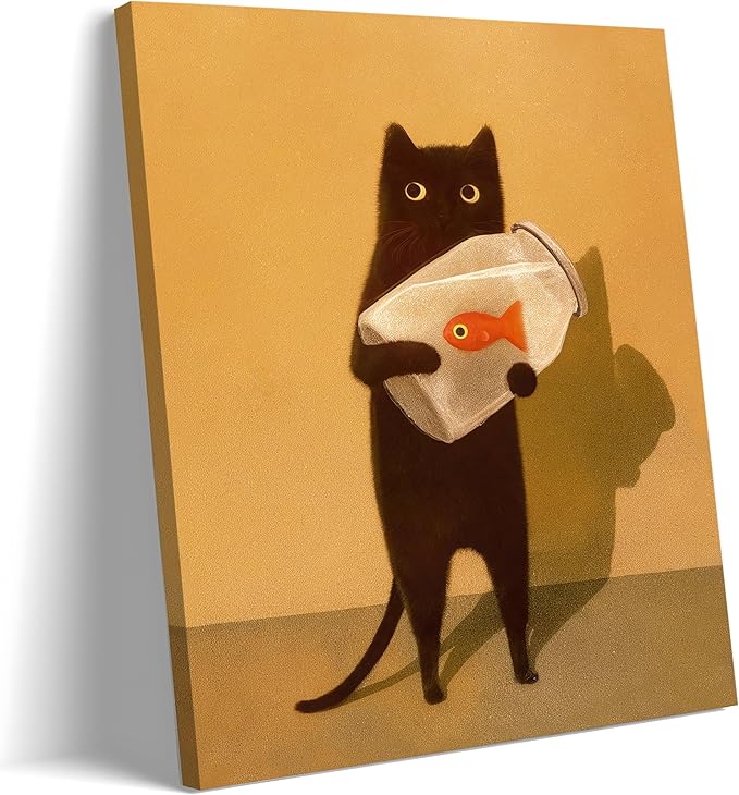 Funny Black Cat Wall Art, Abstract Black Cat and Fish Canvas Poster Print Picture, Cute Animal Wall Decor, Perfect for Cat Lovers for Bathroom Living Room Bedroom Kids Room 16x24 in Framed