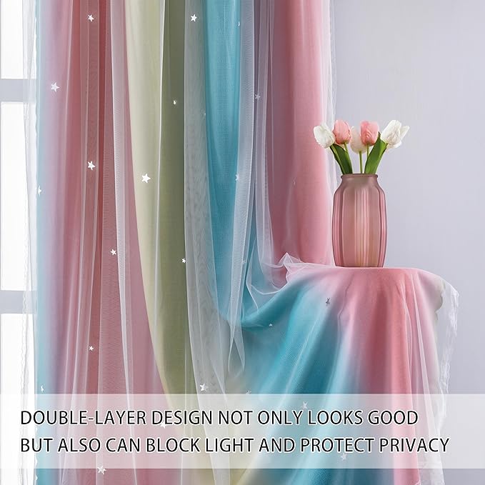 XiDi Dream Star Blackout Curtains for Kids Rooms Girl Princess Curtain for Daughter Bedroom Window (Pink Blue, W52 X L84)