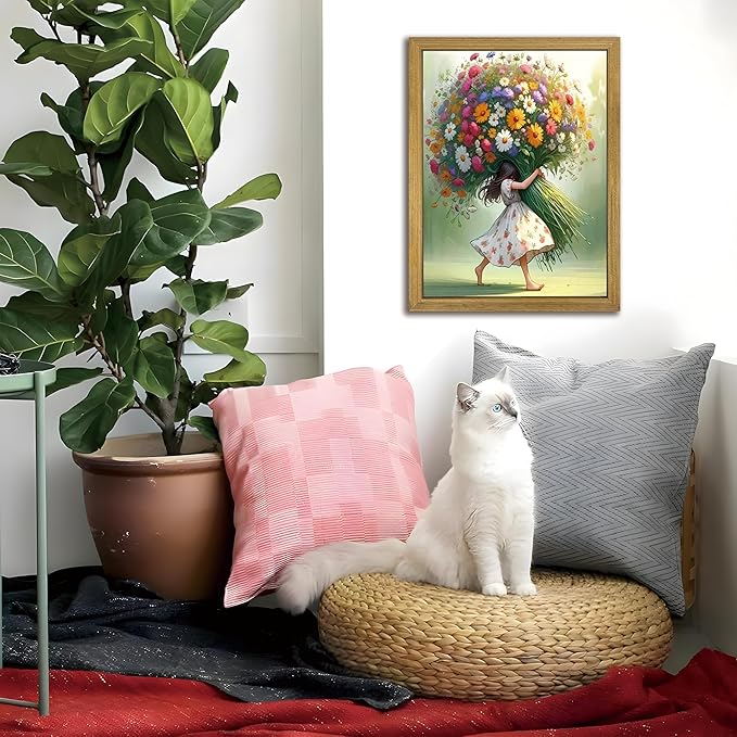 Wood Framed Pink Wildflower Canvas Wall Art, Girl Hugging Flowers Poster Prints Paintings, Teen Girls Preppy Bedroom Decor, Green Room laesthetic Picture for Kids Room Hallway Living Room 16x24 Inch