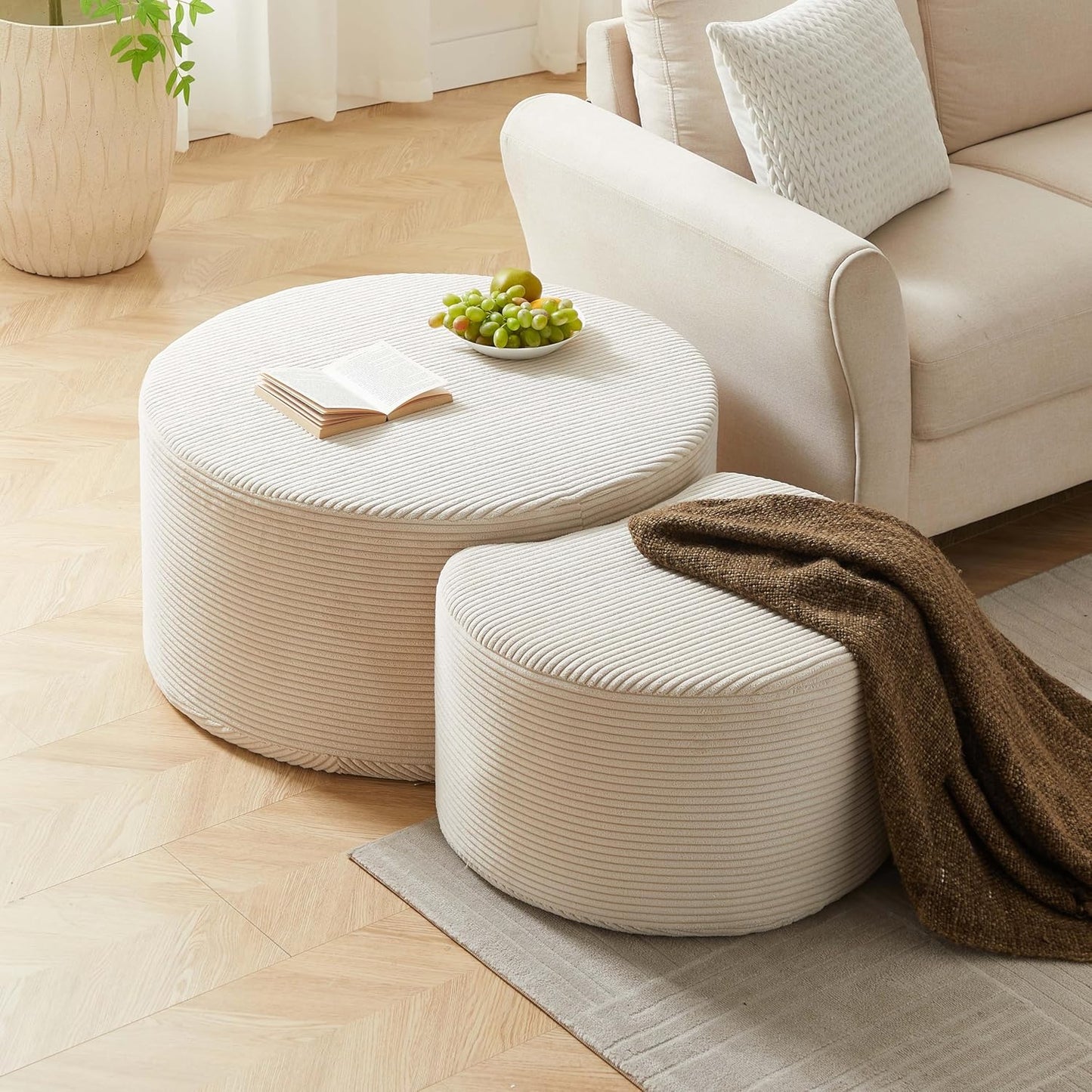 WILLIAMSPACE 50" Foam Nesting Coffee Table Set of 2, Modern Upholstered Round Center Tables for Living Room, Accent Side Tea Table Ottoman, No Assembly - Beige