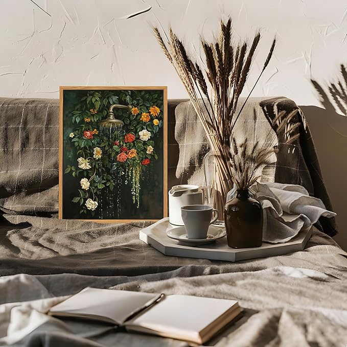 Floating Framed Floral Shower Wall Art, Vintage Botanical Flower Canvas Print, Romantic Garden Roses and Waterfall Painting, Nature Inspired Bathroom Wall Decor for Home Living Room 12x16 inch