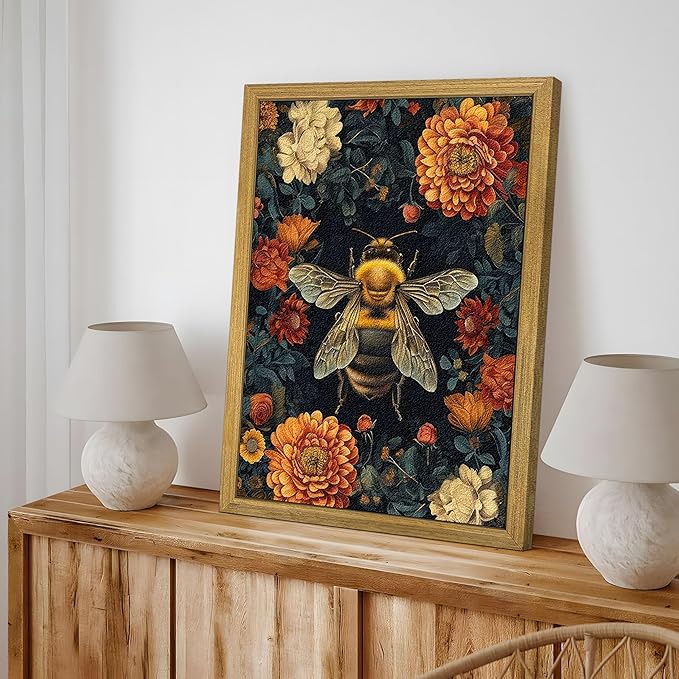 Framed Hand Drawn Sandstone Bee Wall Art, 3D Textured Nature Botanical Wall Decor Pictures, Dark College Vintage Flowers Print Painting for Living Room Bedroom Kitchen Home Decor 12x16inch