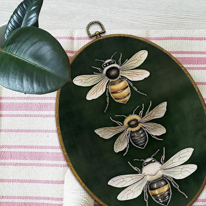 Mcehtle Vintage Bee Sage Green Wall Art Decor, Moody Honey Bee Cottagecore Oval Framed Canvas Prints 8.6x11.4, Dark Academia Insect Wall Hanging Artwork Decoration for Gallery Home Bedroom Living Room