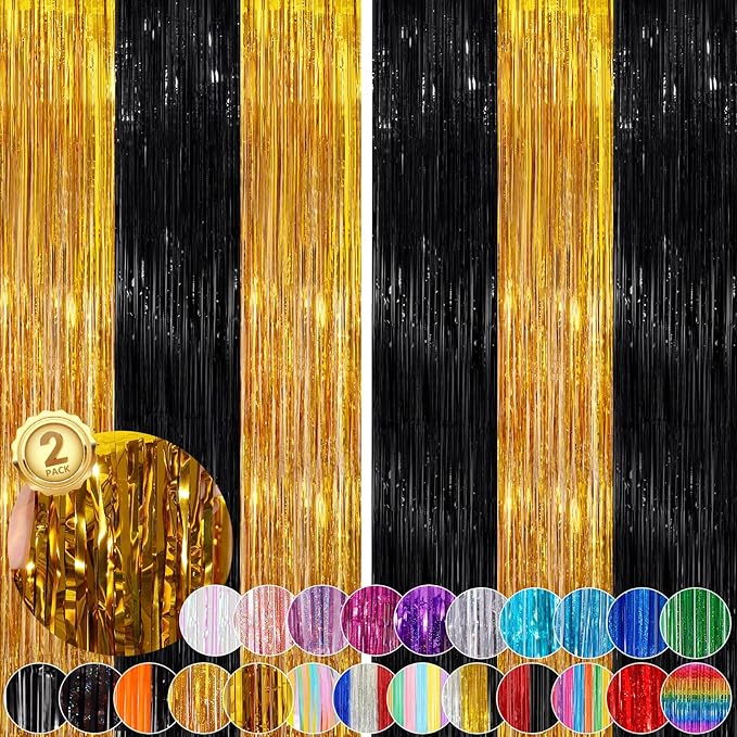 Black Gold Streamer Tinsel Foil Fringe Curtains Streamer 2Pack 3.3X 8.3Ft Streamer Tinsel Streamer Curtains for Birthday Party Decors Wedding Bachelorette Bridal Shower Xmas Decors Streamers