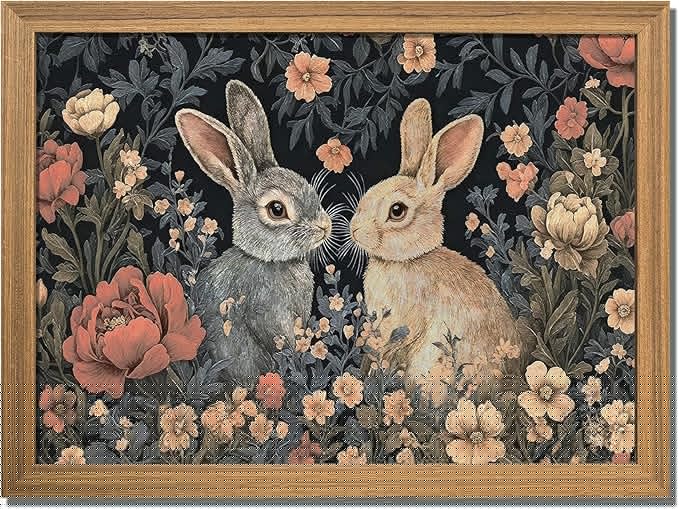AKWISH Easter Framed 3D Textured Vintage Wall Art - Dark Academia Bunny Decor Hand Drawn Sandstone Paintings with Botanical Florals, Aesthetic Wall Decor for Living Room Bedroom Home 12x16 inch