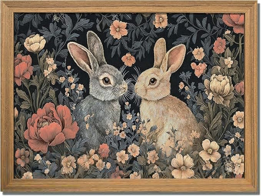 AKWISH Easter Framed 3D Textured Vintage Wall Art - Dark Academia Bunny Decor Hand Drawn Sandstone Paintings with Botanical Florals, Aesthetic Wall Decor for Living Room Bedroom Home 12x16 inch