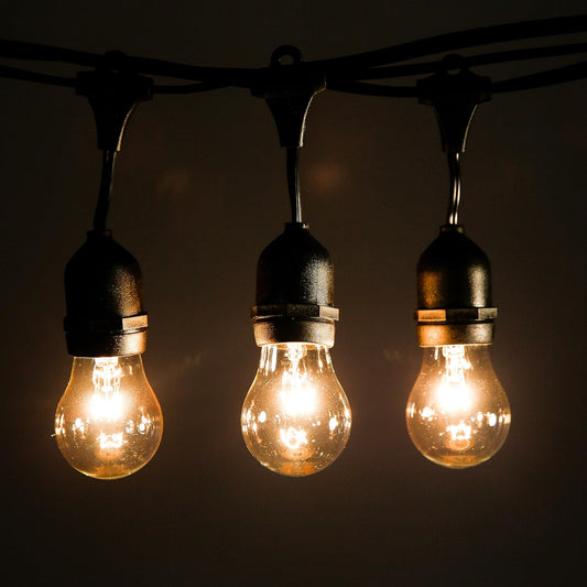 Hometown Evolution, Inc. 100 Foot E26 Outdoor Commercial String Lights with Suspended Socket for Weatherproof Heavy Duty Vintage Outside Lighting - Set of 50 A15 Clear Bulbs