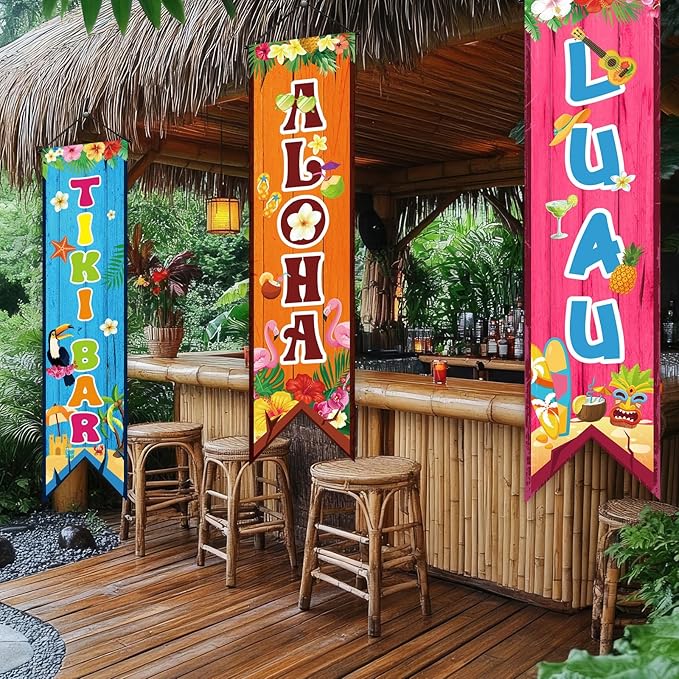 3 Pcs Hawaiian Banners Aloha Luau Porch Sign Tiki Bar Hanging Flag Tropical Welcome Sign Summer Beach Pool Party Decorations Photo Props Backdrop for Outdoor Door Wall Yard Birthday Camping