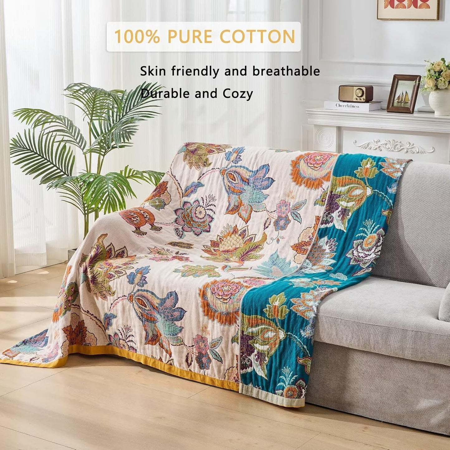 Summer Boho Throw Blanket for Bed, Multi Reversible Blanket Washable Breathable,Lightweight 4-Layer King Size Quilt for Bed,Floral Birds, 100% Cotton Muslin Large Travel Throw Blanket,90"x98"
