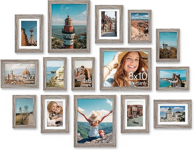 Vittanly 15 Pack Picture Frames Collage Wall Decor for Mounting or Tabletop Display, Gallery Frame Set for Family, Multi Sizes Including 3pcs 8x10, 6pcs 5x7, 6pcs 4x6, Dark Grey
