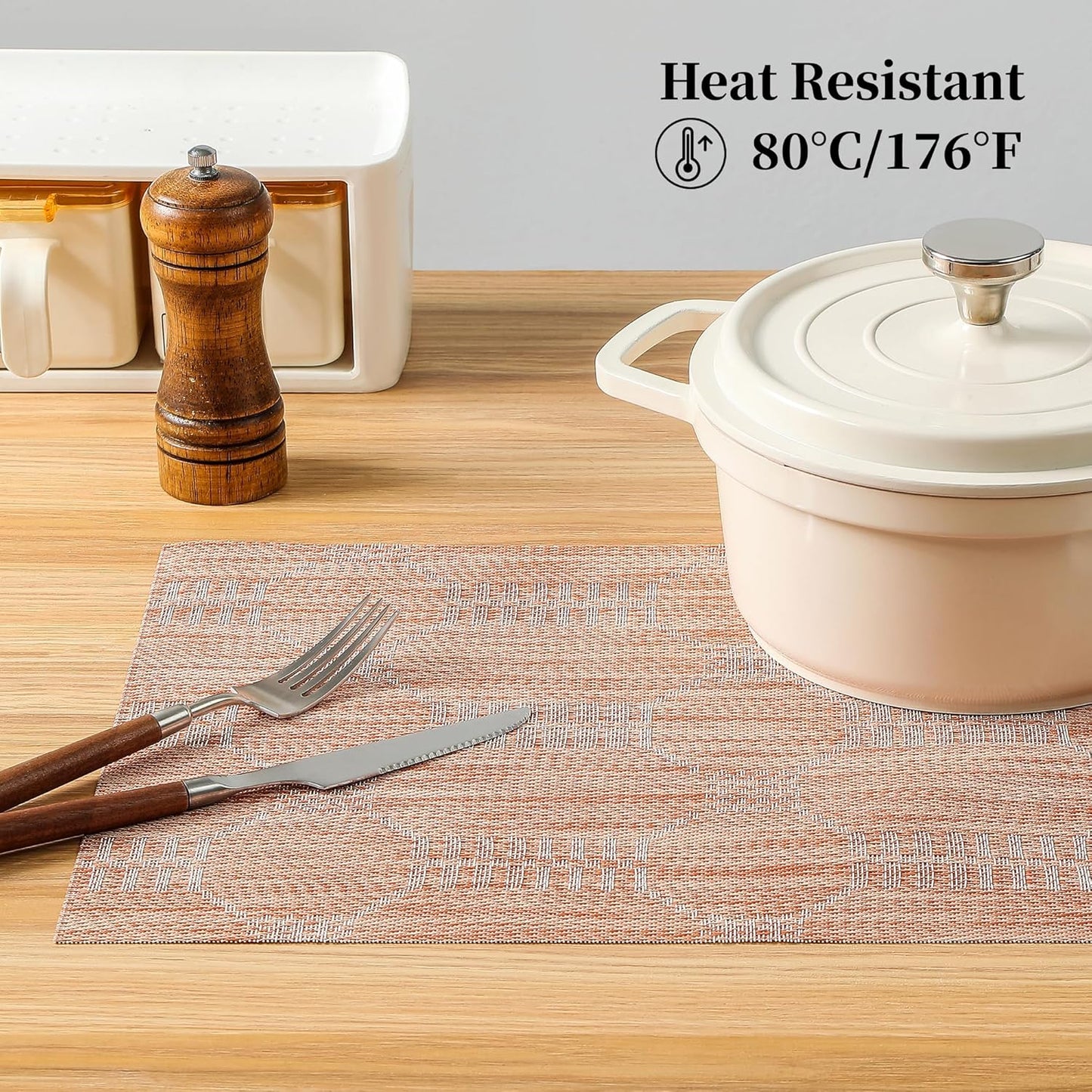 Leetaltree Coral Placemats Set of 4 - Heat Resistant Non-Slip Place mats for Dining Table, Washable Durable PVC Vinyl Woven Table Mats（Coral, 4）