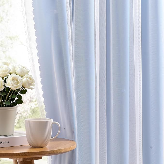 XiDi Light Blue Blackout Curtains for Girls Bedroom Living Room 84 Inches Long 2 Panels Star Curtains Boys Kids Room Darkening Thermal Insulated Drapes Grommet Noise Reduction Window Treatments 34x84