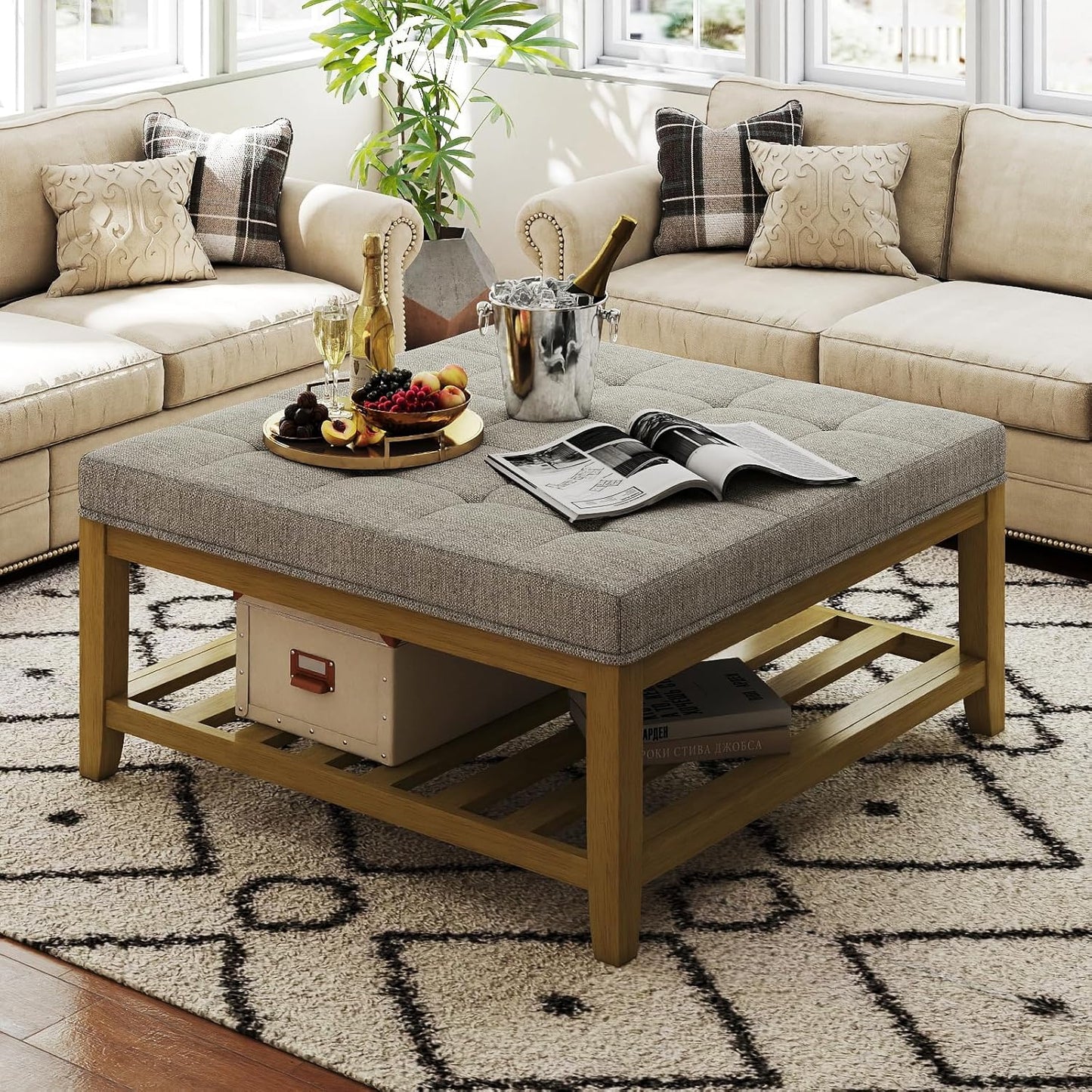 Large Square Ottoman Coffee Table, Linen Solid Upholstered Footrest Ottoman with Solid Wood Shelf Storage Tufted Coffee Table for Bedroom Living Room, Linen