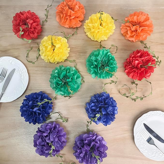 Rainbow Party Decorations Colorful Tissue Paper Flowers Pom Pom with Leaf Ribbon Hanging Garland Streamer for Multi-color Birthday Baby Shower Wedding Carnival Clown Fiesta Festival Party Supplies