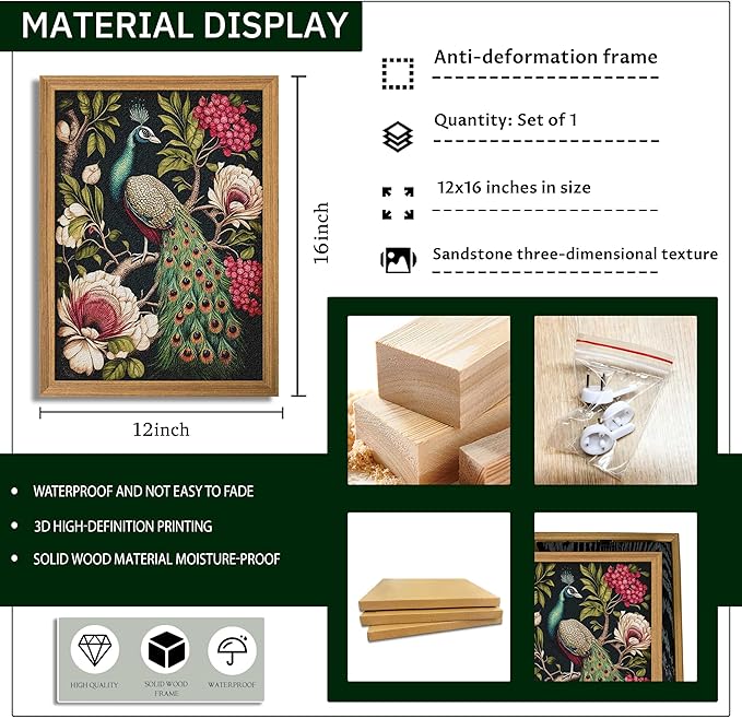 Framed Vintage 3D Textured Wall Art, Hand Drawn Sandstone Peacock Wall Decor, Modern Farmhouse Decor, Rural Botanical Floral Picture Painting Artwork for Living Room Bedroom 12x16 inch