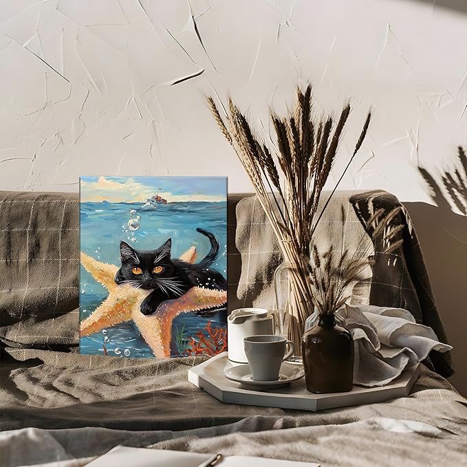 Yaneiro Funny cat canvas wall art, bathroom wall decor Starfish Cat A 16x24 inch Wrapped Canvas