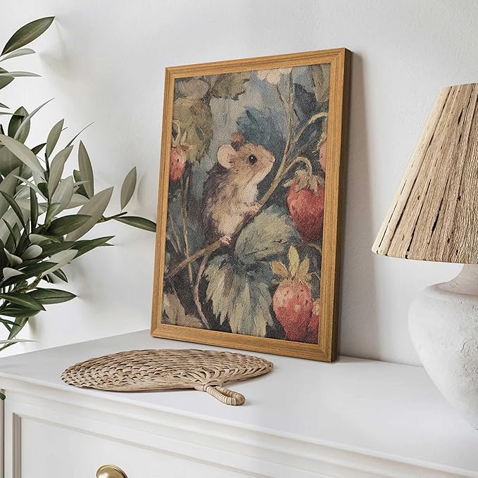 3D Textured Framed Vintage Mouse Wall Art, Whimsical Cottagecore Animal Wall Decor Painting, Rustic Farmhouse Forest Sandstone Artwork Picture for Nursery Living Room Bedroom 16x24 Inch