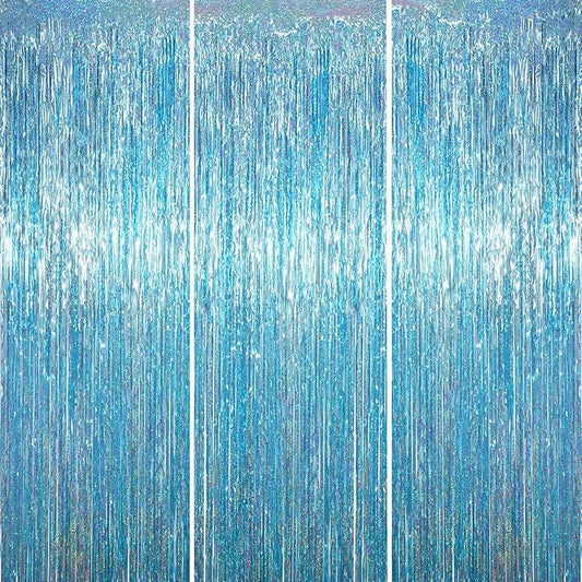 3.3 x 6.6 ft Foil Fringe Backdrop Curtains, Tinsel Streamers Party Decorations, Fringe Backdrop for Birthday, Baby Shower, Gender Reveal, Graduation (3, Light Blue)
