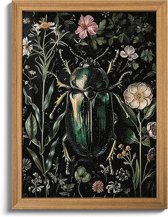 Framed Vintage 3D Textured Wall Art - Gothic Dark College Beetle Wall Decor - Hand Drawn Sandstone Nature Botanical Pictures for Living Room Bedroom Home Decor 8x10in