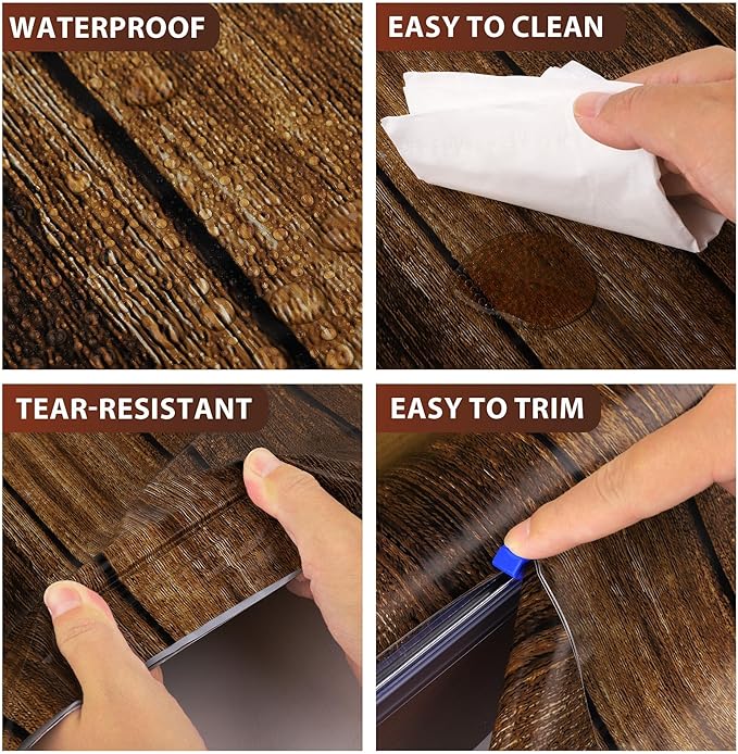 Kochorie 200 Ft x 54 Inch Wood Grain Tablecloth Roll in Slide Cutter Box Disposable Rustic Backdrop Vintage Table Cover Western Themed Bulletin Board Plastic Roll for Barn Birthday Classroom Decor