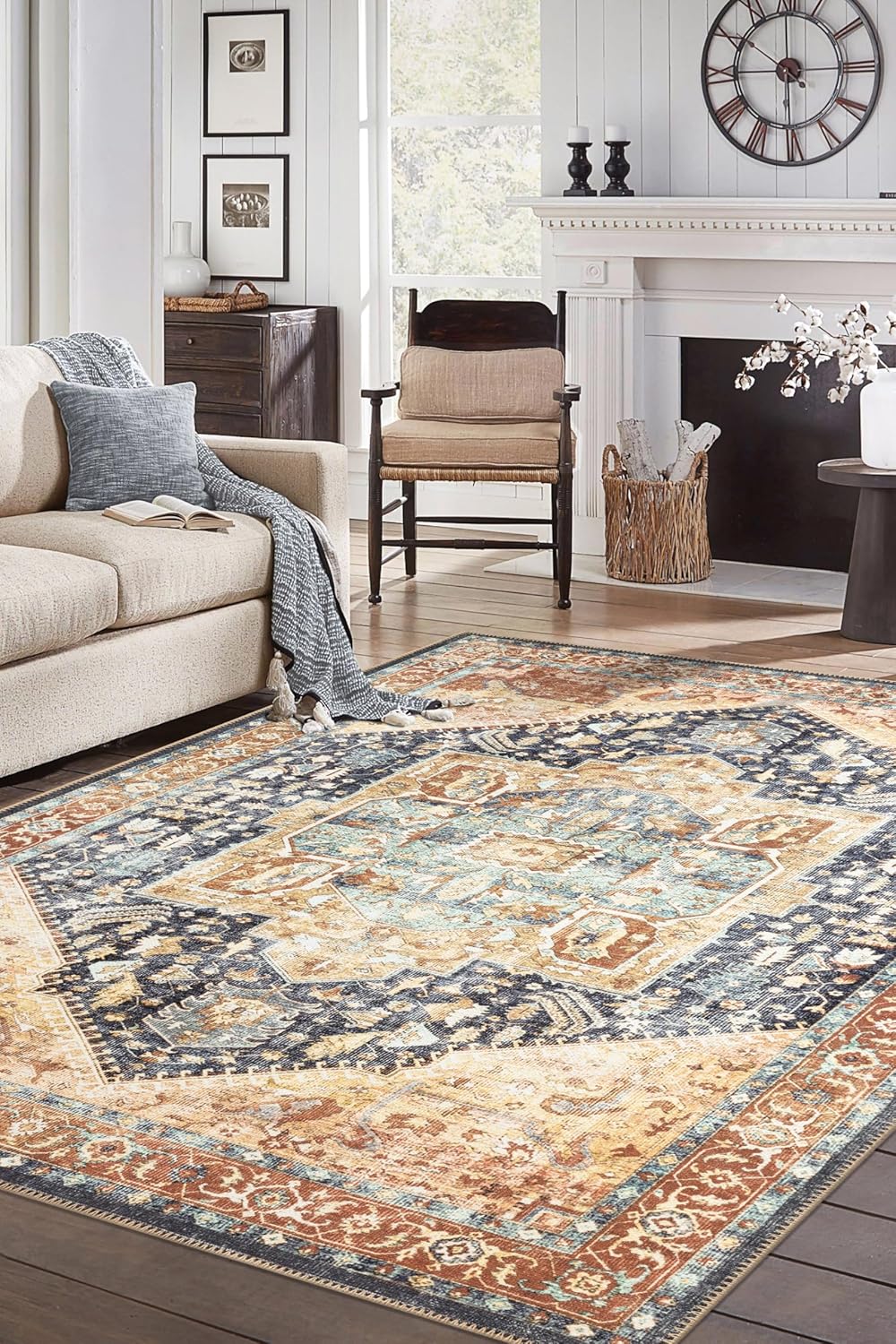 Keen Home Design 8x10 Rug - Machine Washable Area Rug with Non-Slip Backing, Ideal for Living Room, Dining Room, Bedroom - Vintage, Easy Clean, Durable, Low Pile Rug - (8' x 10')