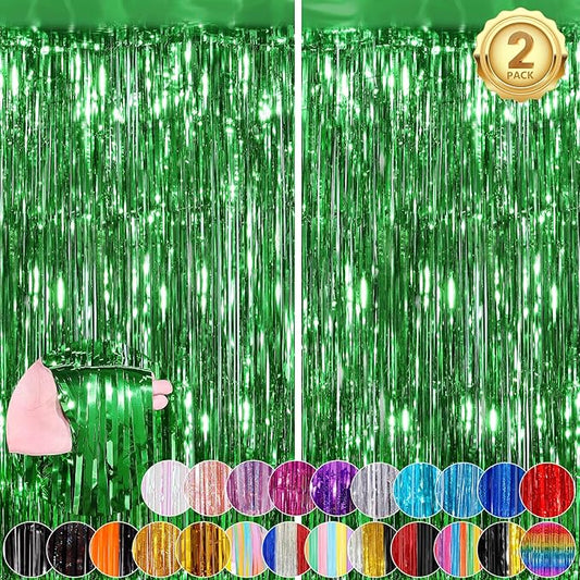 Green Fringe Curtain Party Streamers 2Pack 3.3 x 8.3 Ft Foil Fringe Backdrop Curtains for Birthday Wedding Bridal Baby Shower Holiday Tinsel Streamers Green Party Christmas Decorations Door Streamers