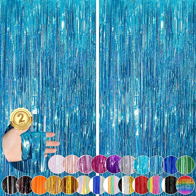 2Pack 3.3x8.3Ft Blue Foil Fringe Streamers Curtain Metallic Foil Tinsel Fringe Door Streamers for Birthday Wedding Xmas Party Photo Iridescent Blue Streamers Ocean Summer Party Decors Streamers
