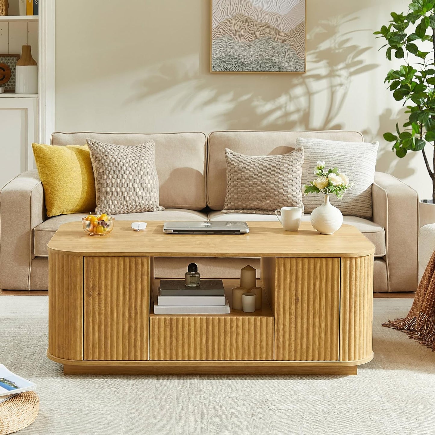 46.5" Oval Coffee Table with Drawers and Storage Mid Century Modern Fluted Solid Wood Side Coffee Tables, Luxury Tea Table Center Table for Living Rooms Offices Apartmen, Natural