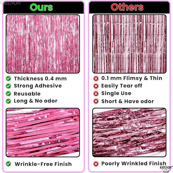 KatchOn, Pink Streamers for Party Decorations - XtraLarge 3.2x8 Feet, Pack of 2, Pink Backdrop Party Decoration Tinsel Curtain Backdrop Foil Fringe Birthday Decorations, Bachelorette, Graduation Decor