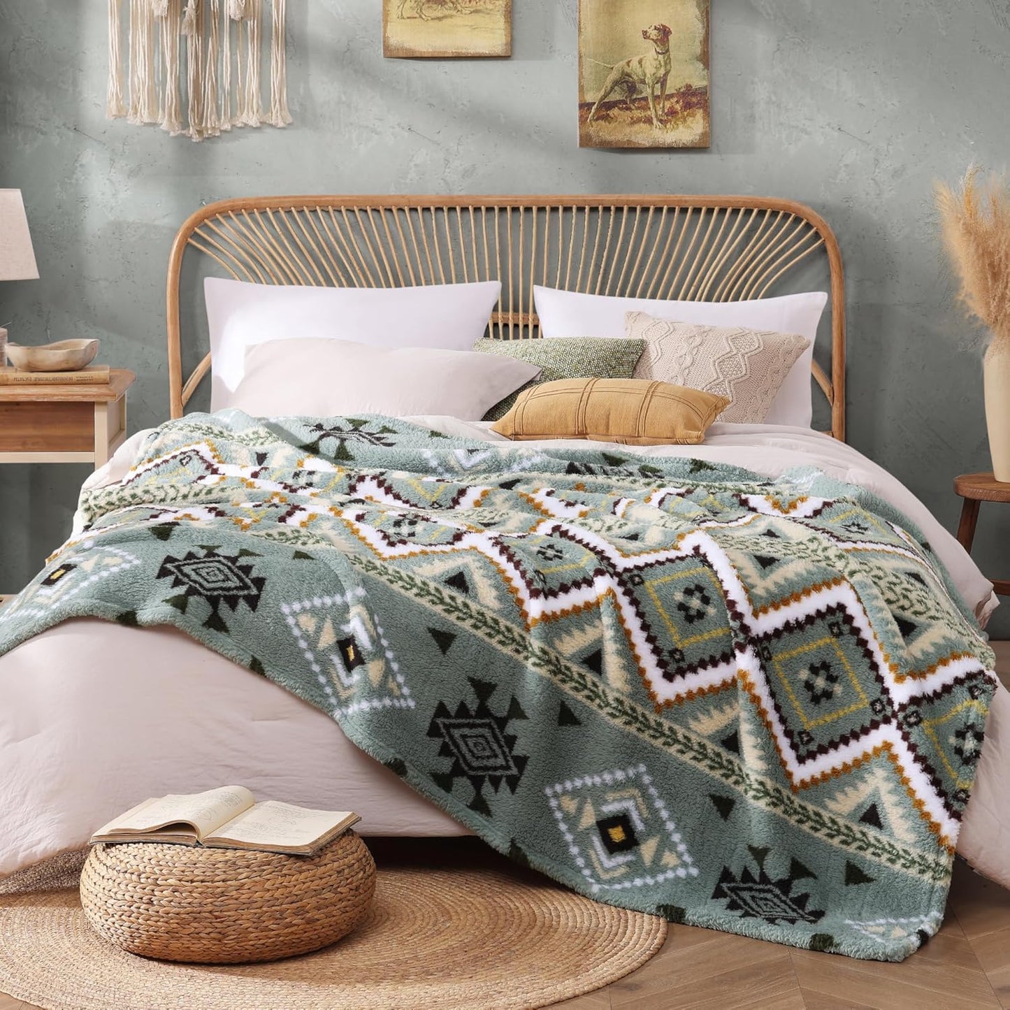 CASAAGUSTO Boho Sherpa Throw Blanket, Aztec King Size Blanket, Ultra Soft, Warm, Cozy, Plush, Thick Fleece Bohemian Throw Blanket for Couch, Bed, Sofa (Olive Green 108 * 90 Inch)