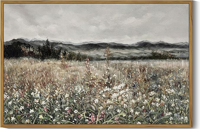 SHENIFY Vintage Landscape Framed Wall Art Meadow Flowers Farmhouse Decor Retro Classic Painting for Hallway Living Room Bedroom Dining Room - 16x24in Natural Framed