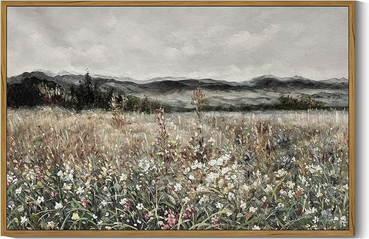 SHENIFY Vintage Landscape Framed Wall Art Meadow Flowers Farmhouse Decor Retro Classic Painting for Hallway Living Room Bedroom Dining Room - 16x24in Natural Framed