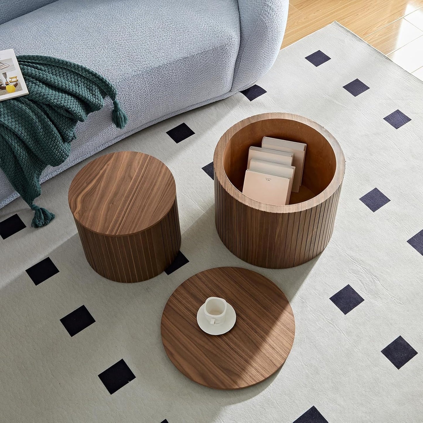 Nesting Coffee Tables Set of 2, Wooden Round Coffee Tables with Storage,Modern Circle Accent End Table Center Table for Small Spaces Living Room Bedroom Balcony Office Drum Side Table,Walnut