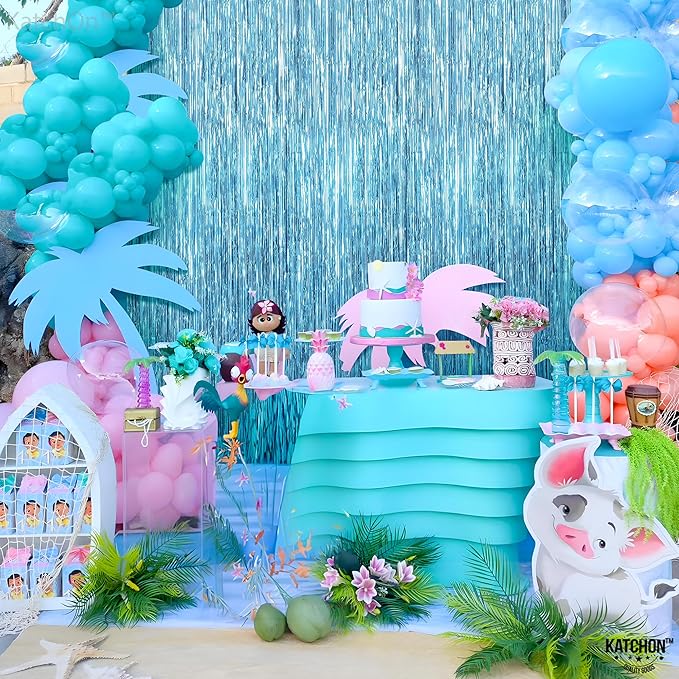 KatchOn, XtraLarge, Blue Foil Fringe Curtain - 8x3.2 Feet, Pack of 2 | Blue Backdrop Curtain for Under The Sea Party Decorations | Ocean Backdrop for Mermaid Birthday Decorations