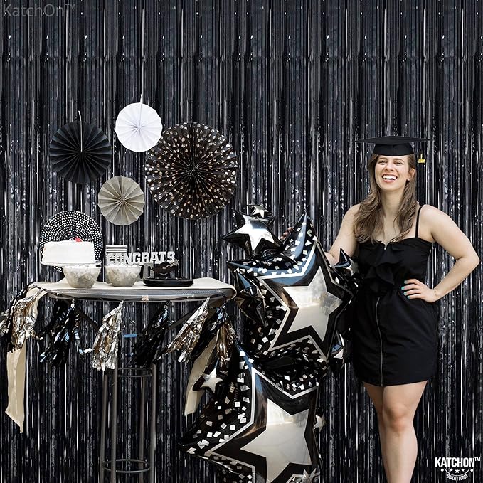 KatchOn XtraLarge Black Streamers - 3.2x8 Feet, Pack of 2 | Fringe Backdrop for Black Party Decorations | Tinsel Backdrop for Graduation Decorations 2026 | Black Streamers Party Decorations