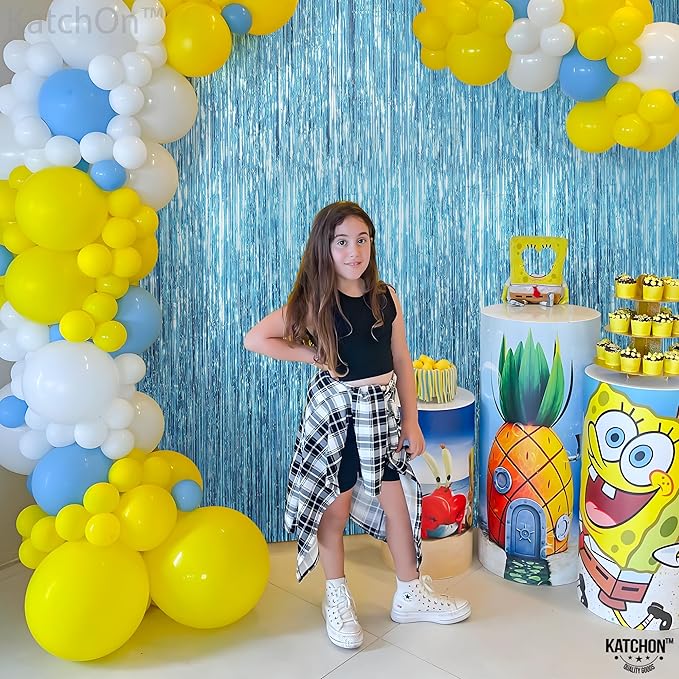 KatchOn, XtraLarge, Blue Foil Fringe Curtain - 8x3.2 Feet, Pack of 2 | Blue Backdrop Curtain for Under The Sea Party Decorations | Ocean Backdrop for Mermaid Birthday Decorations