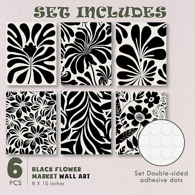 97 Decor Flower Poster - Black Flower Wall Art, Abstract Botanical Prints Wall Decor Aesthetic, Trendy Vintage Black Beige Floral Posters Set for Girl Bedroom (8x10 UNFRAMED)